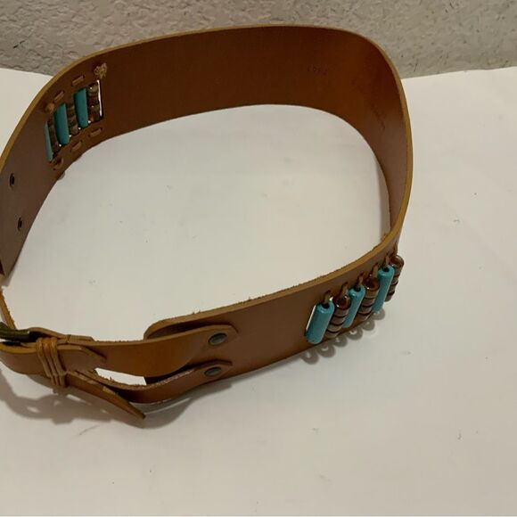 San Giorgio Brown Leather Belt Small Stud & bead Detail Brass Buckle S main image 9